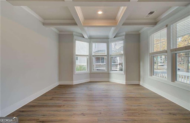 unfurnished room featuring wood finished floors, visible vents, baseboards, coffered ceiling, and beamed ceiling