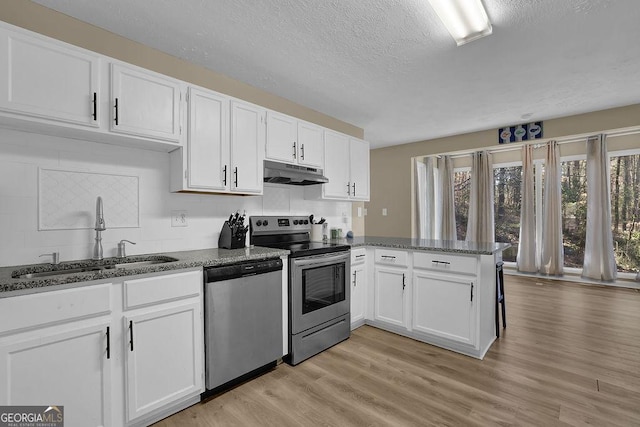 kitchen with under cabinet range hood, a sink, a peninsula, appliances with stainless steel finishes, and white cabinets