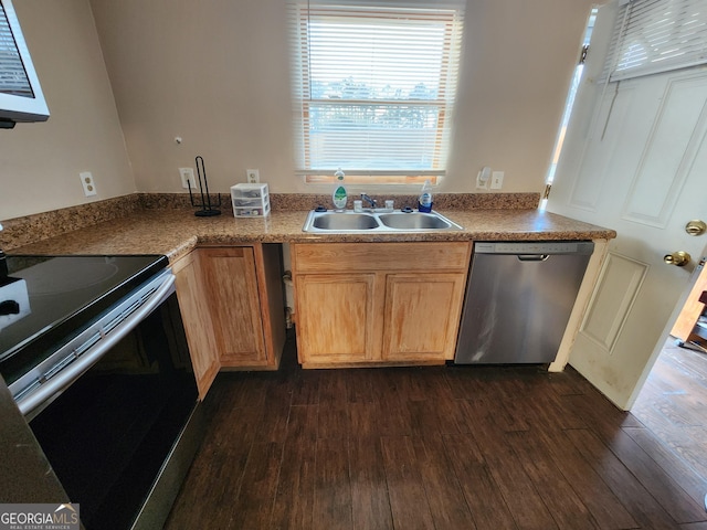 6160 Great Oaks Dr, Lithonia, GA 30058 - kitchen featuring a sink, stainless steel dishwasher, dark wood-style flooring, and electric stove