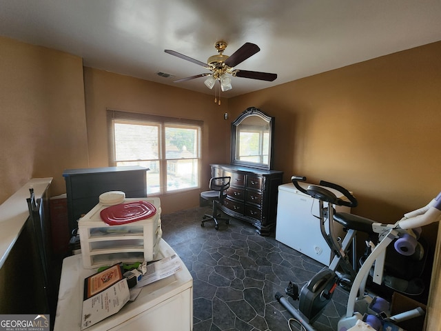 6160 Great Oaks Dr, Lithonia, GA 30058 - interior space with visible vents, a ceiling fan, and stone finish flooring
