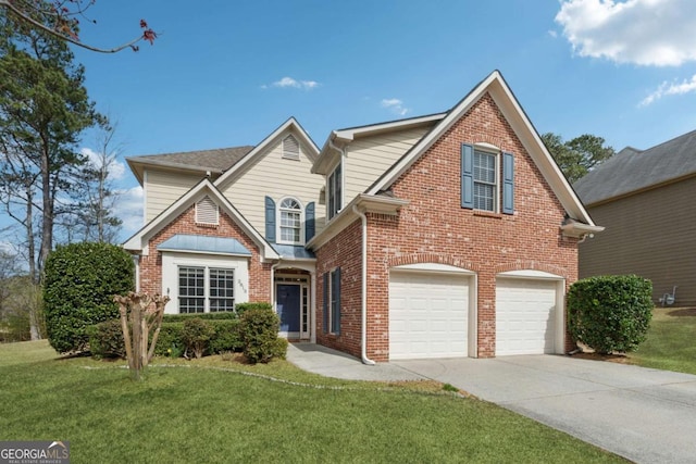 traditional-style home featuring brick siding, driveway, an attached garage, and a front lawn