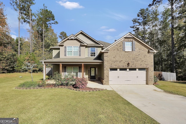 view of front facade featuring a front lawn, fence, concrete driveway, a garage, and brick siding