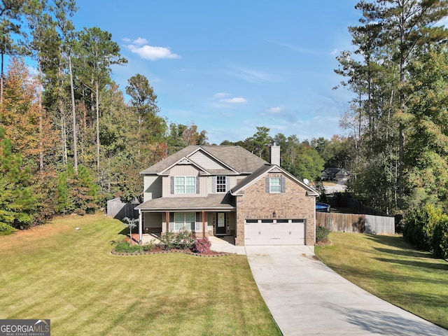 traditional home featuring brick siding, fence, concrete driveway, a chimney, and an attached garage