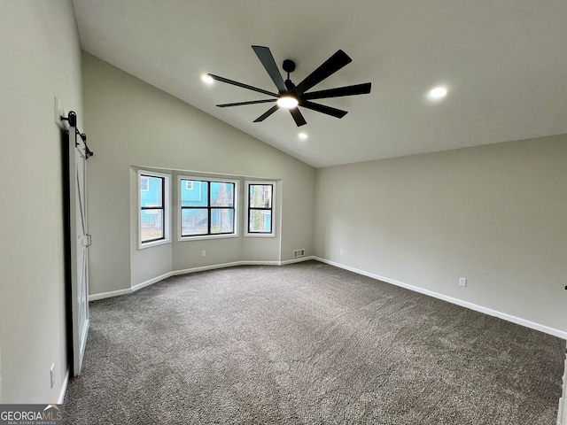 spare room featuring dark colored carpet, baseboards, ceiling fan, and recessed lighting