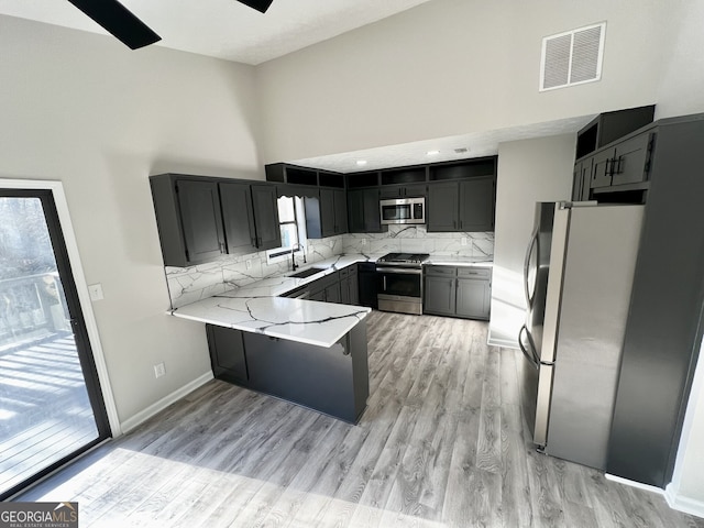 kitchen featuring visible vents, a peninsula, a sink, decorative backsplash, and appliances with stainless steel finishes