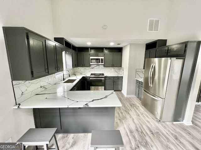 kitchen featuring visible vents, backsplash, appliances with stainless steel finishes, a peninsula, and a sink