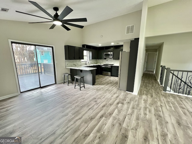 kitchen with dark cabinetry, light countertops, visible vents, and appliances with stainless steel finishes