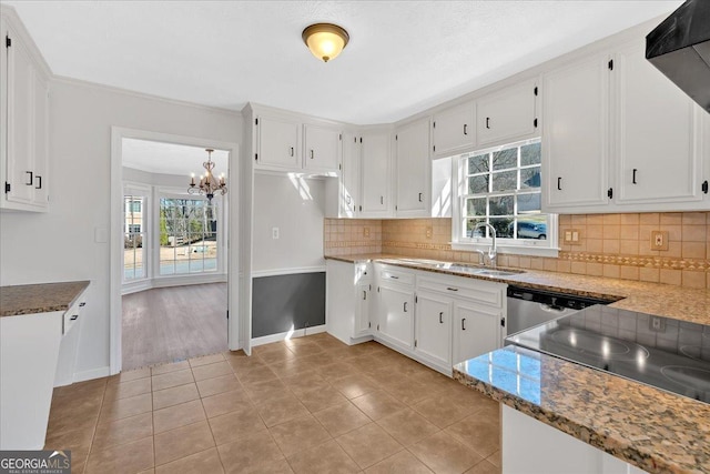 kitchen with white cabinetry, extractor fan, backsplash, and a sink