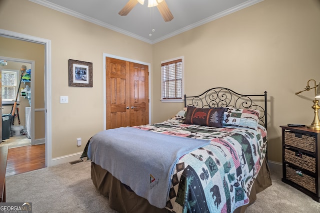 carpeted bedroom with multiple windows, crown molding, and baseboards