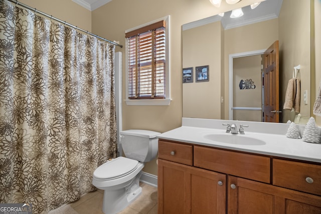 full bath featuring toilet, ornamental molding, tile patterned flooring, baseboards, and vanity