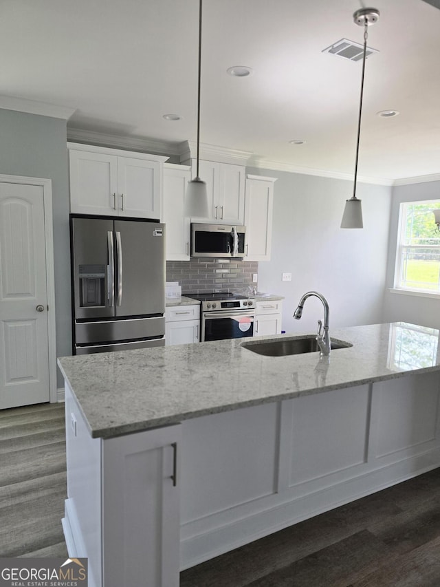 115 John Eady Ct, Savannah, GA 31405 - kitchen featuring crown molding, a sink, visible vents, and stainless steel appliances