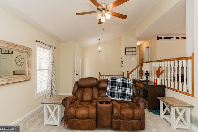 31 Wyngate Ct, Dallas, GA 30157 - carpeted living room featuring baseboards, lofted ceiling, and ceiling fan
