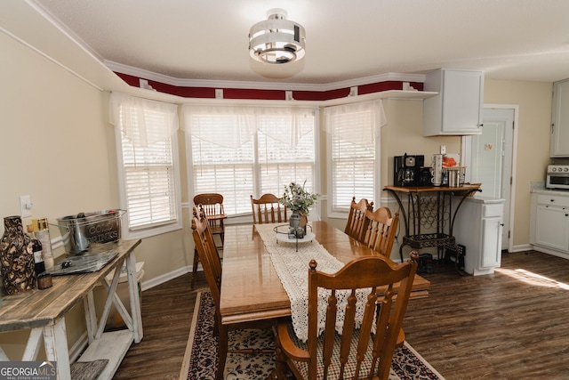 dining area featuring baseboards, plenty of natural light, and dark wood finished floors