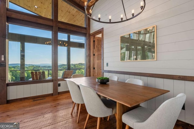 dining room with wood ceiling, wood finished floors, and visible vents