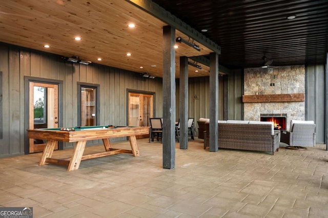 896 Locust Ln, Morganton, GA 30560 - rec room with recessed lighting, pool table, wood ceiling, wooden walls, and an outdoor stone fireplace