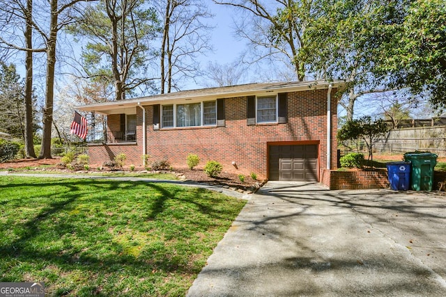 view of front facade with brick siding, a garage, driveway, and a front lawn