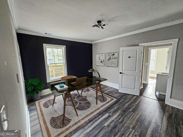 office featuring baseboards, ornamental molding, and dark wood finished floors