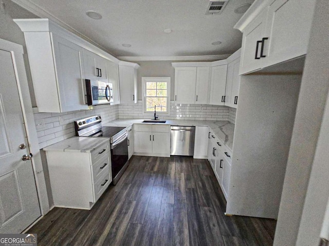 kitchen with a sink, stainless steel appliances, backsplash, and dark wood finished floors