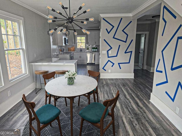 dining area featuring dark wood finished floors, an inviting chandelier, baseboards, and ornamental molding