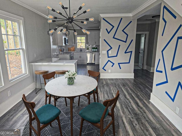 673 Pearce St SW, Atlanta, GA 30310 - dining room featuring ornamental molding, dark wood-type flooring, and a chandelier