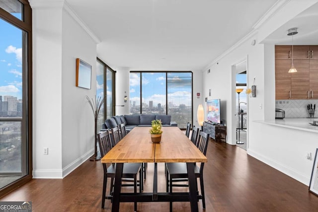 dining space with floor to ceiling windows, crown molding, baseboards, and dark wood-style flooring