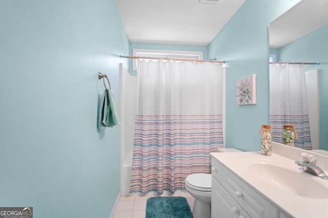 full bath with visible vents, toilet, shower / bath combo, tile patterned flooring, and vanity