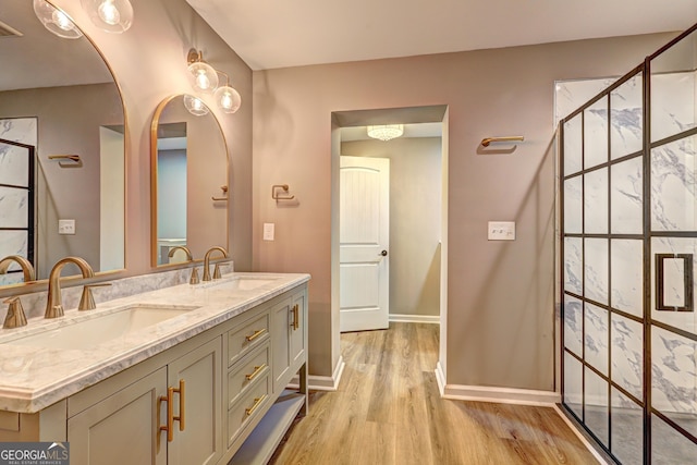 full bathroom with double vanity, wood finished floors, a shower, and a sink