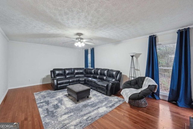 living area featuring baseboards, a textured ceiling, wood finished floors, and ornamental molding