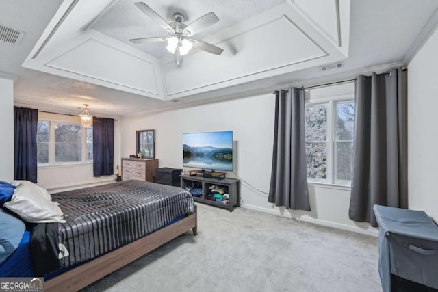 bedroom featuring light carpet, visible vents, ceiling fan, and baseboards