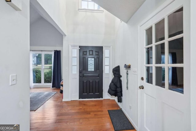 entryway featuring wood finished floors and high vaulted ceiling