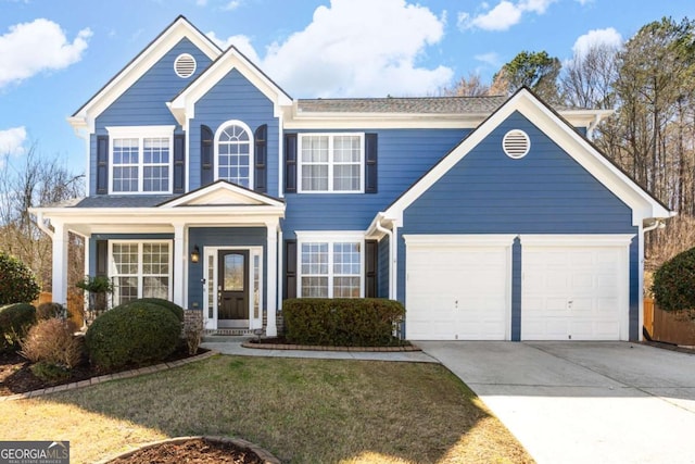 view of front of house with a garage, driveway, and a front lawn