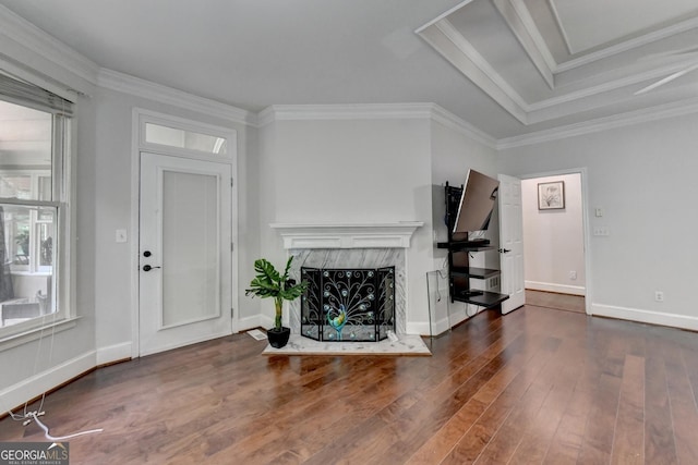 unfurnished living room featuring wood finished floors, crown molding, baseboards, and a premium fireplace
