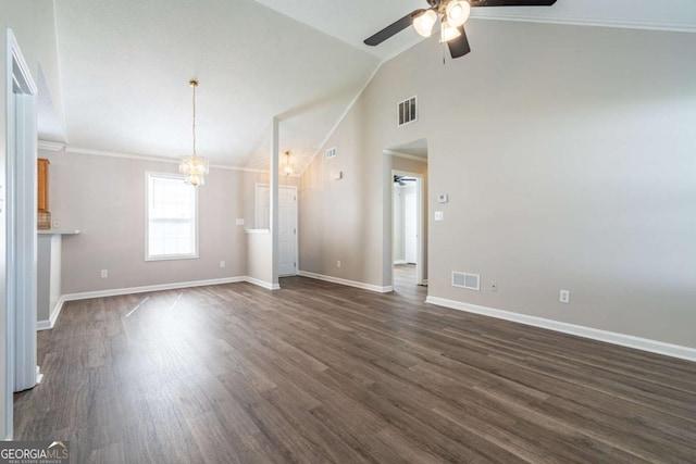 unfurnished living room with dark wood-style floors, visible vents, and ceiling fan with notable chandelier