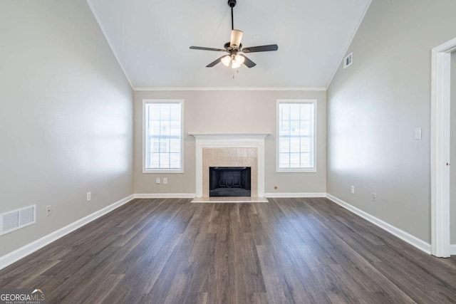 unfurnished living room featuring visible vents, ornamental molding, dark wood-style flooring, and vaulted ceiling