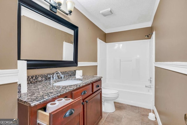 full bath with tile patterned floors, toilet, shower / bathtub combination, a textured ceiling, and vanity