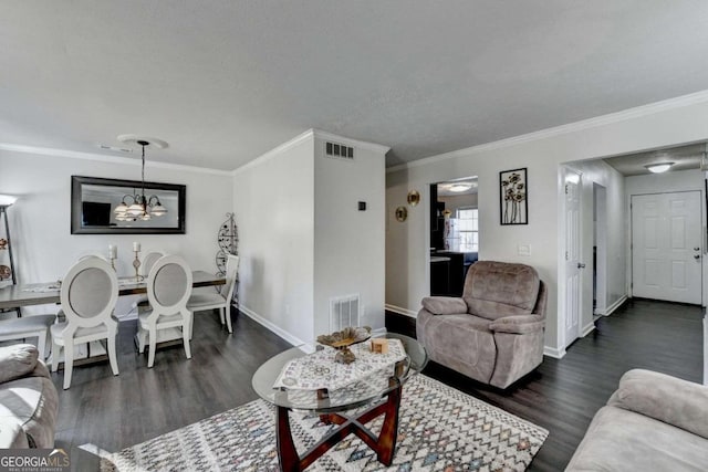 living area featuring visible vents, baseboards, and dark wood-style flooring