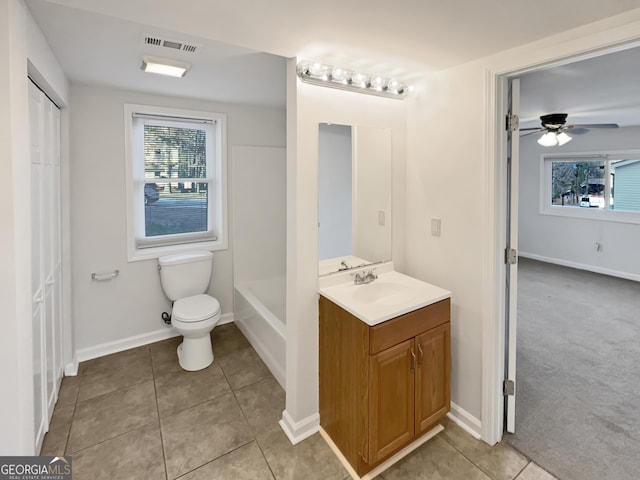 bathroom with visible vents, baseboards, toilet, tile patterned floors, and vanity