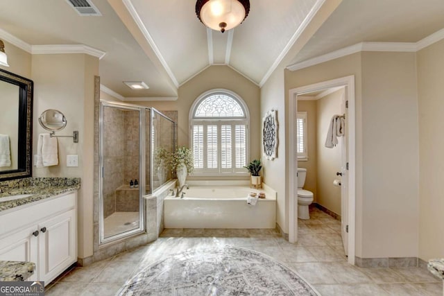 full bath featuring toilet, ornamental molding, a shower stall, a bath, and vanity