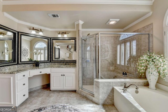 full bathroom featuring vanity, visible vents, a stall shower, ornamental molding, and a bath