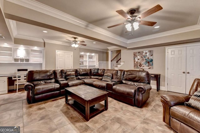 living area featuring crown molding, ceiling fan, stairway, recessed lighting, and built in study area