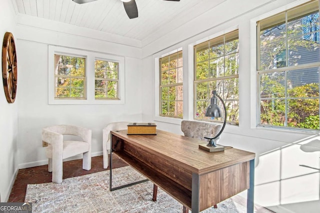 home office with plenty of natural light, ceiling fan, wooden ceiling, and baseboards