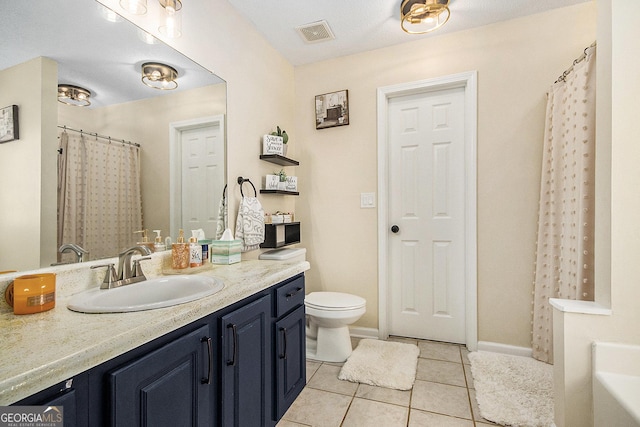 full bathroom with tile patterned floors, visible vents, toilet, baseboards, and vanity