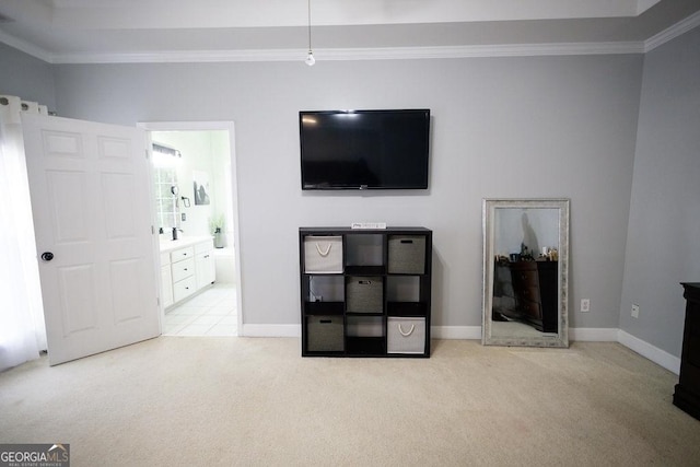 living area featuring ornamental molding, baseboards, and light carpet