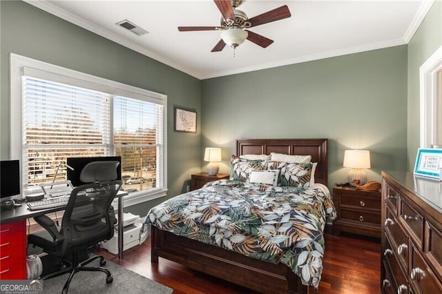 bedroom featuring visible vents, crown molding, ceiling fan, and dark wood-style flooring