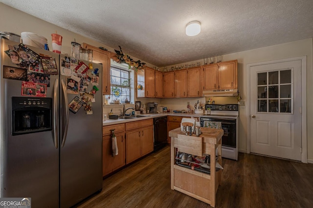 kitchen featuring stainless steel fridge with ice dispenser, range with electric cooktop, light countertops, black dishwasher, and under cabinet range hood