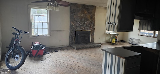 living room with a wood stove, a ceiling fan, and hardwood / wood-style flooring