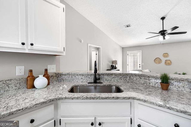 kitchen featuring visible vents, white cabinetry, lofted ceiling, and a sink