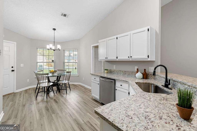 kitchen with a sink, visible vents, dishwasher, and white cabinets