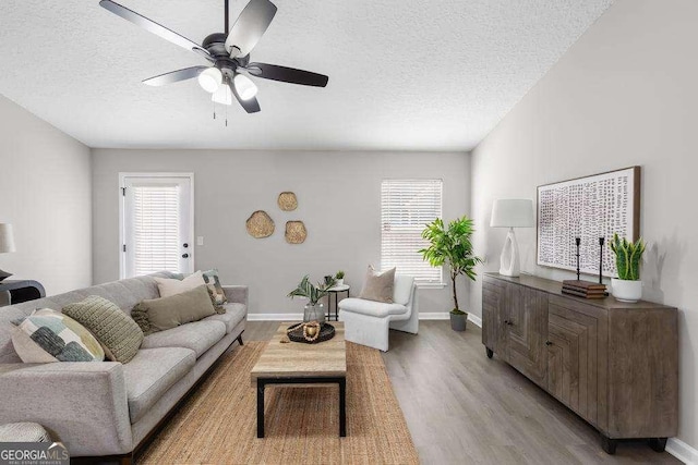 living room featuring a wealth of natural light, a textured ceiling, and light wood-style floors