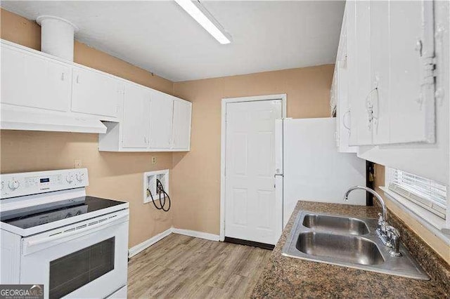 kitchen with light wood-style flooring, electric stove, under cabinet range hood, a sink, and white cabinets